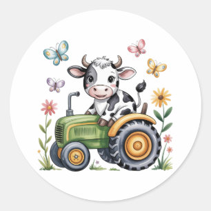 Sticker Rond Joyeux Anniversaire Garçon avec Vache Mignonne sur