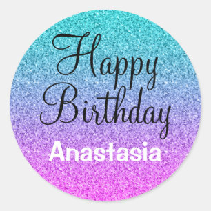Sticker Rond Joyeux Anniversaire Glam Ombré Rose Bleu Violet Pa