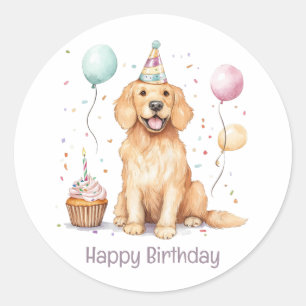 Sticker Rond Joyeux Anniversaire Golden Retriever Chien