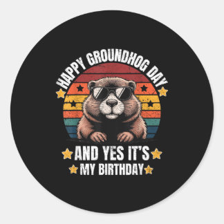 Sticker Rond Joyeux Anniversaire Groundhog Retro Sungles Ground
