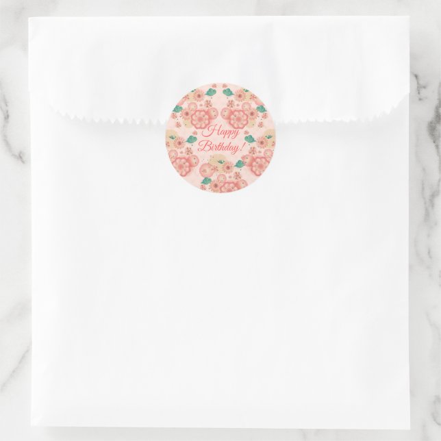 Sticker Rond Joyeux Anniversaire - Jardin des fleurs de pêche p (Sac)