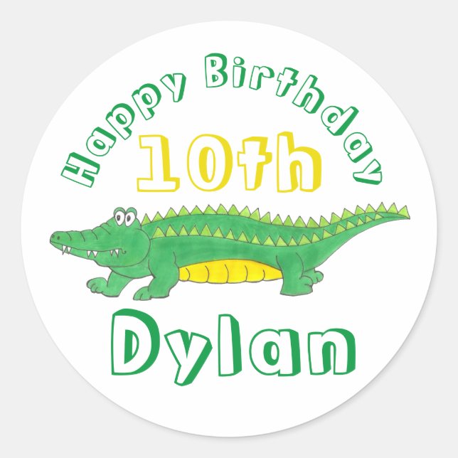 Sticker Rond Joyeux Anniversaire Jaune Alligator Vert Crocodile (Devant)