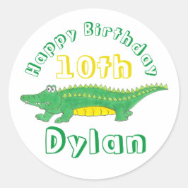 Sticker Rond Joyeux Anniversaire Jaune Alligator Vert Crocodile