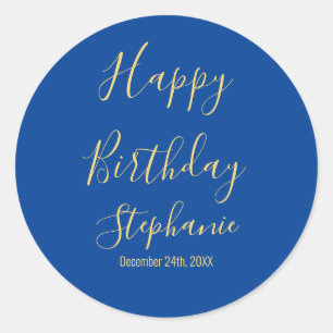 Sticker Rond Joyeux Anniversaire Jaune Doré Bleu Nom Personnali
