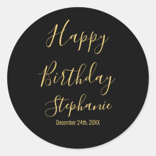 Sticker Rond Joyeux Anniversaire Jaune Doré Noir Nom Personnali