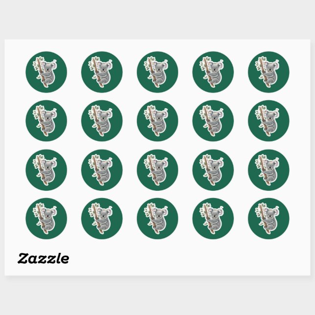 Sticker Rond Joyeux anniversaire Koala sur la branche Eucalyptu (Feuille)