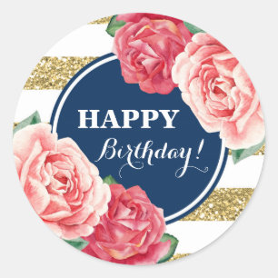 Sticker Rond Joyeux Anniversaire Marine Bleu Gold Stripes rose 