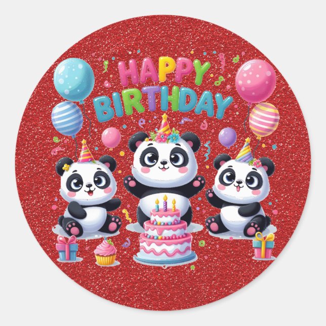 Sticker Rond Joyeux Anniversaire, Mes Trois Pandas, (Devant)