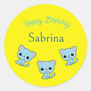 Sticker Rond Joyeux anniversaire mignon chatons bleu bondissant