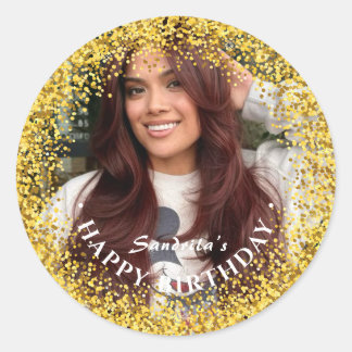 Sticker Rond Joyeux Anniversaire Moderne Simple Photo Personnal