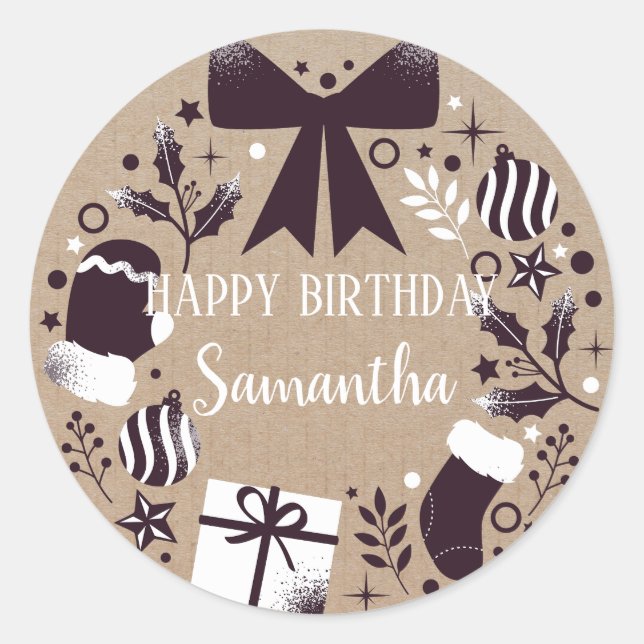Sticker Rond Joyeux anniversaire Noël Floral Wreath Craft (Devant)