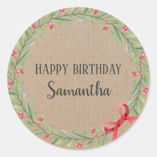Sticker Rond Joyeux anniversaire Noël Floral Wreath Craft