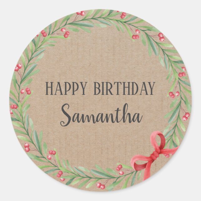 Sticker Rond Joyeux anniversaire Noël Floral Wreath Craft (Devant)