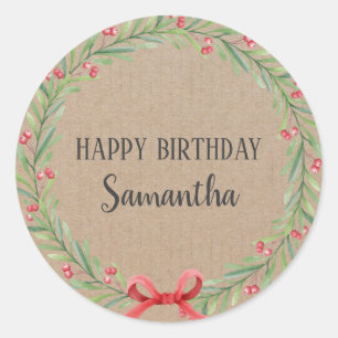Sticker Rond Joyeux anniversaire Noël Floral Wreath Craft