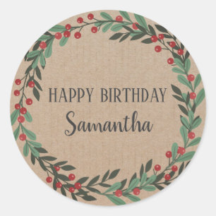 Sticker Rond Joyeux anniversaire Noël Floral Wreath Craft