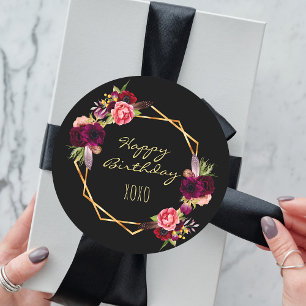 Sticker Rond Joyeux anniversaire noir bordeaux or floral