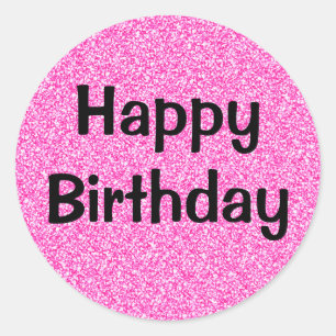 Sticker Rond Joyeux Anniversaire Noir Rose Chaud Paillettes Éti