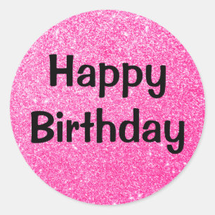 Sticker Rond Joyeux Anniversaire Noir Rose Chaude Paillettes Ét