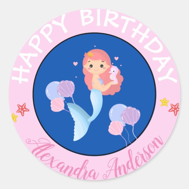 Sticker Rond Joyeux Anniversaire Nom de la sirène Bébé rose (Devant)