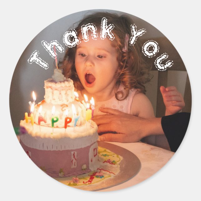 Sticker Rond Joyeux Anniversaire Nom Et Merci Photo (Devant)