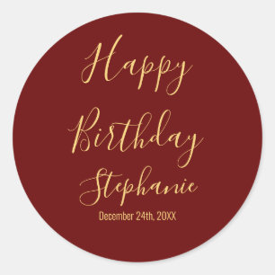 Sticker Rond Joyeux Anniversaire Or Bourgogne Rouge foncé Nom p
