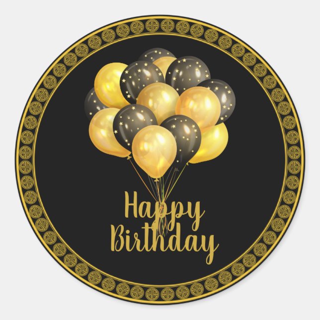 Sticker Rond Joyeux anniversaire, or et noir, (Devant)
