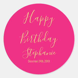 Sticker Rond Joyeux Anniversaire Or Rose Chaud Nom Personnalisé
