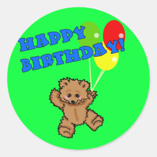 Sticker Rond Joyeux Anniversaire ours en peluche avec ballons