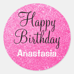 Sticker Rond Joyeux Anniversaire Paillettes Rose Chaud Nom