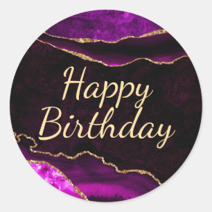 Sticker Rond Joyeux Anniversaire Paillettes Violet et Or Agate