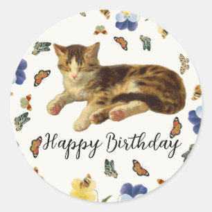 Sticker Rond Joyeux Anniversaire Papillon Floral Chat de Nap de