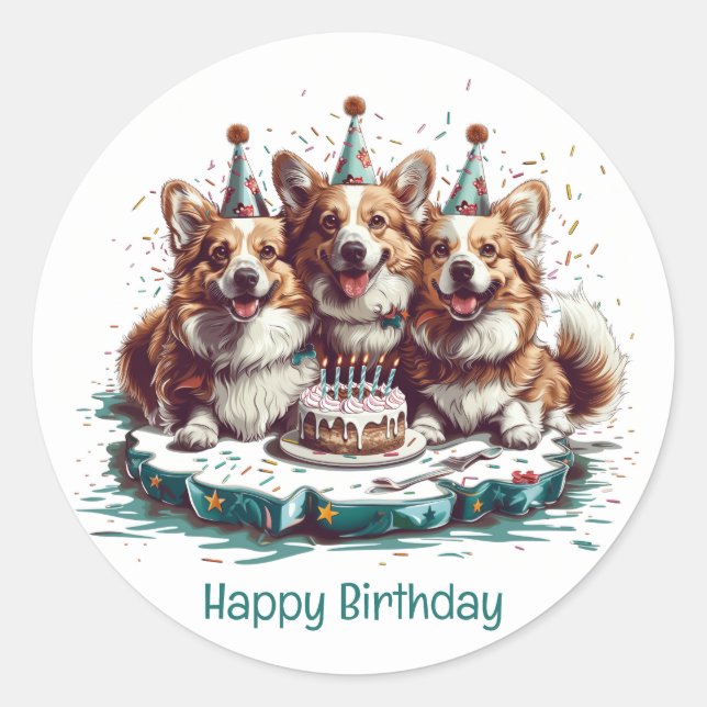 Sticker Rond Joyeux Anniversaire Pembroke Welsh Corgi Chiens (Devant)