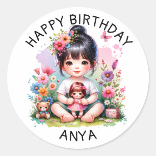 Sticker Rond Joyeux anniversaire personnalisé Jolie fille asi