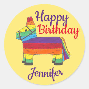 Sticker Rond Joyeux anniversaire personnalisé Rainbow Donkey Pi