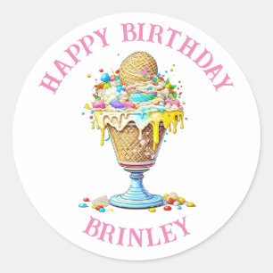 Sticker Rond Joyeux anniversaire personnalisé   Sundae à la crè