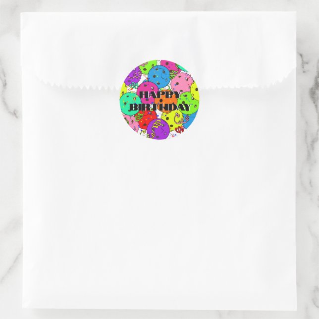 Sticker Rond Joyeux Anniversaire Pickleball Ballons Confetti Bl (Sac)
