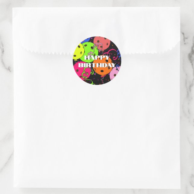 Sticker Rond Joyeux Anniversaire Pickleball Ballons Confetti No (Sac)