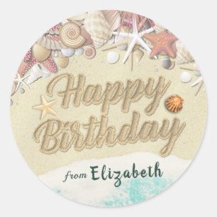 Sticker Rond Joyeux Anniversaire Plage d'été Starfish Coques de