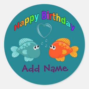 Sticker Rond Joyeux Anniversaire Poisson, Cœur, Personnalisé.