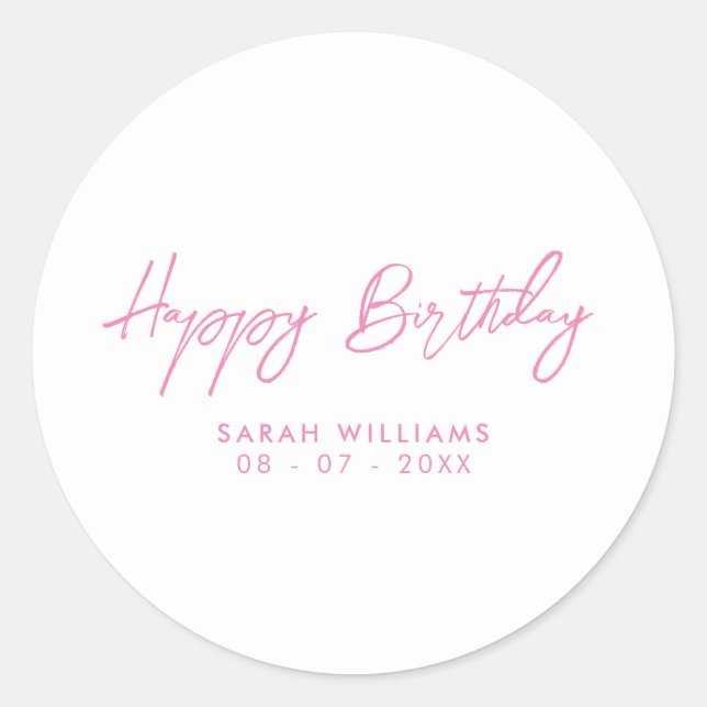 Sticker Rond Joyeux Anniversaire rose et blanc Script moderne (Devant)
