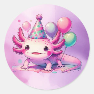 Sticker Rond Joyeux anniversaire rose et violet Axolotl