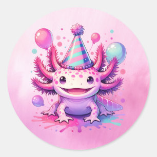 Sticker Rond Joyeux anniversaire rose et violet Axolotl