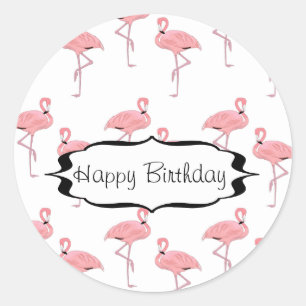 Sticker Rond Joyeux Anniversaire rose Flamingo Pattern