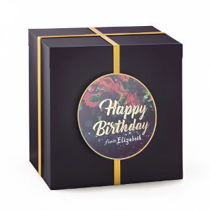 Sticker Rond Joyeux Anniversaire Rouge Floral Gold Script Purpl