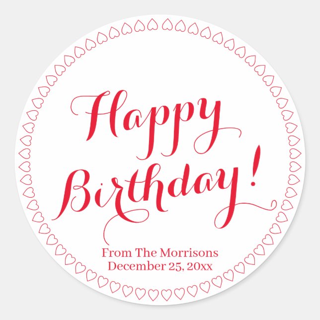 Sticker Rond Joyeux anniversaire rouge nom de script personnali (Devant)
