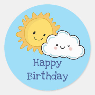 Sticker Rond Joyeux Anniversaire Soleil et Nuage Kawaii
