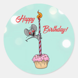 Sticker Rond Joyeux Anniversaire Souris avec Gâteau et Bougie