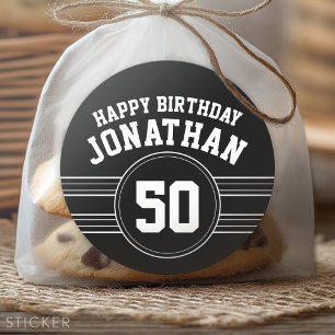 Sticker Rond Joyeux Anniversaire Sports avec Age Blanc Noir