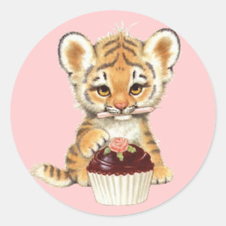 Sticker Rond Joyeux anniversaire - Tigre mignon avec Cupcake