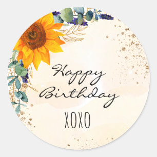 Sticker Rond Joyeux anniversaire tournesol eucalyptus parties s